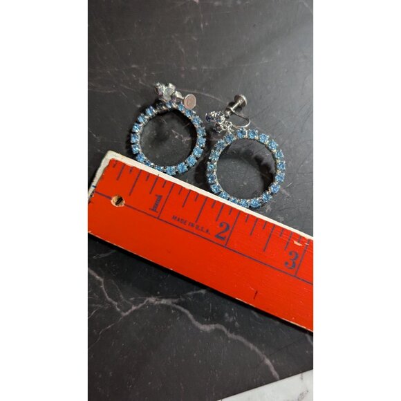 Vintage Silver-Tone Blue Rhinestone Screw-Back Hoop Earrings Estate - Picture 3 of 5